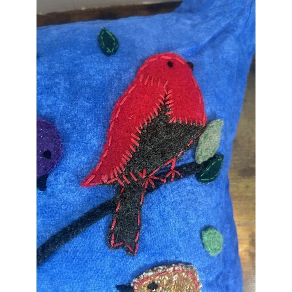 Handmade Blue Bird Pillow Cover Folk Art Throw Cushion 17x17 Removable Case